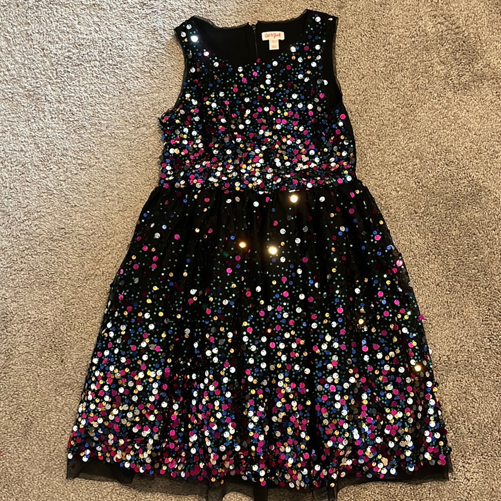 Cat & Jack sequin dress. Black with pink, silver, gold, blue, teal sequins.